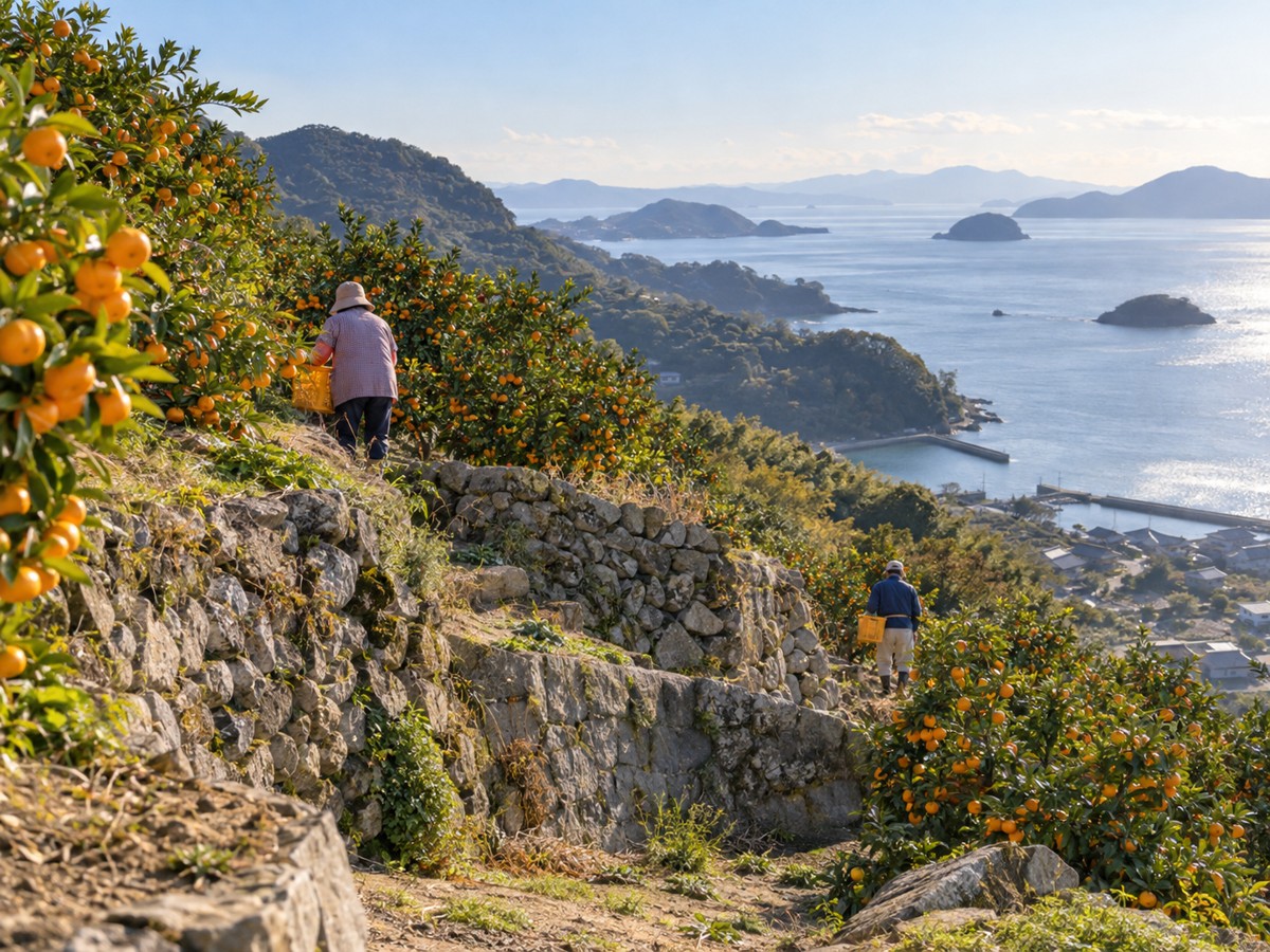 段々畑で家族がみかんを育てる架空の風景
